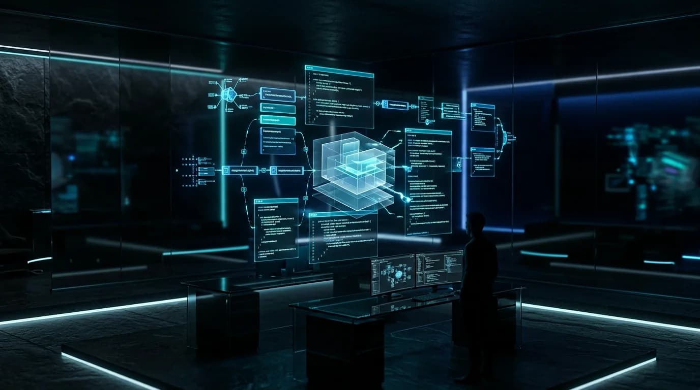 Ilustrasi Arsitektur Teknis 16:9 A-JIT 2026: Arsitektur Agentic Just-In-Time Software Construction, Code Holes (?_), Tactile Values (BAPI), dan Self-Specializing Living Software