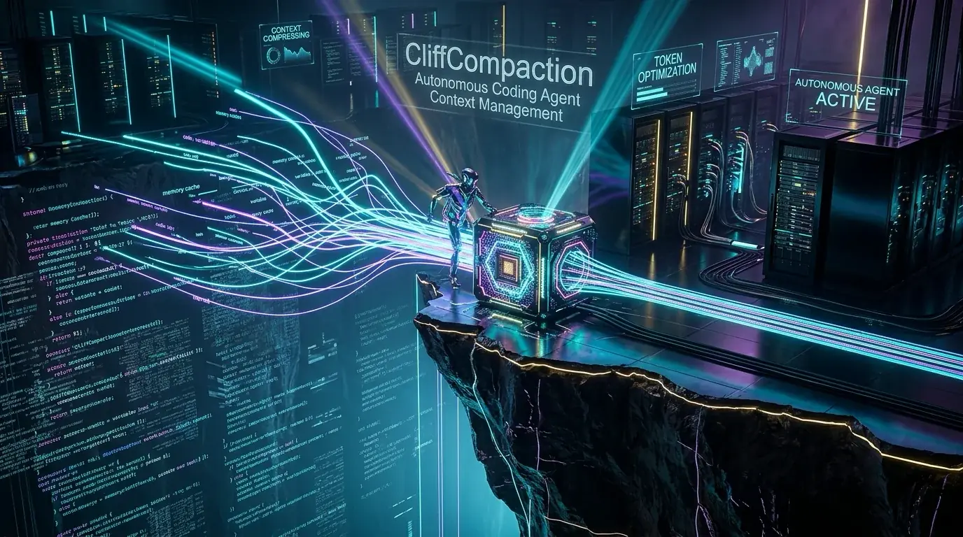 Ilustrasi Arsitektur Teknis 16:9 CliffCompaction 2026: Arsitektur Autocompaction Long-Horizon Coding Agents Tanpa Konteks Drift, Zero Summarization-of-Summary, dan Efisiensi Test-Time Scaling