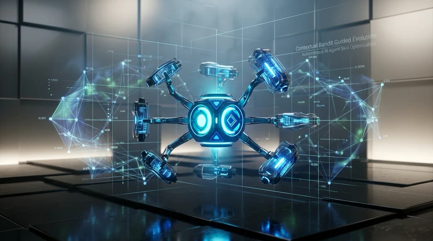 Ilustrasi Arsitektur Teknis 16:9 COBRA-Skills 2026: Arsitektur Contextual Bandit-Guided Evolution, LinearUCB Dynamic Prioritization, dan Evidence-Grounded Population Refinement pada Autonomous AI Agents