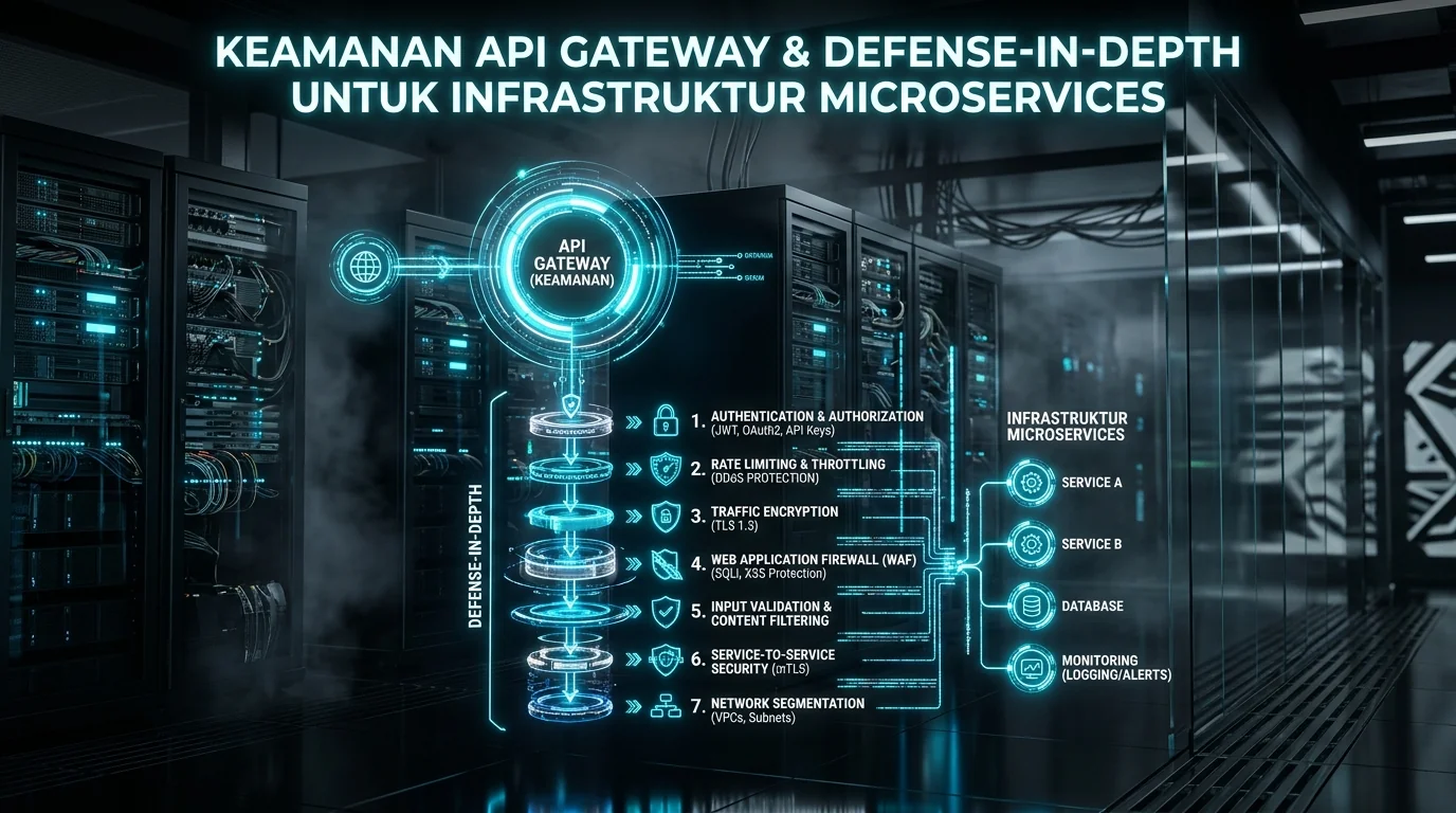 Ilustrasi Arsitektur Teknis 16:9 Keamanan API Gateway & Defense-in-Depth untuk Infrastruktur Microservices 2026