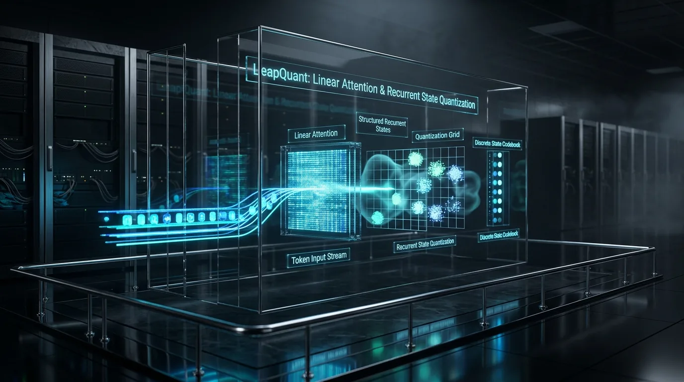 Ilustrasi Arsitektur Teknis 16:9 LeapQuant 2026: Arsitektur Near-Lossless 8-Bit Recurrent State Quantization pada Linear Attention (Gated DeltaNet & KDA), Per-Window Leaping, dan Compensator Tokens