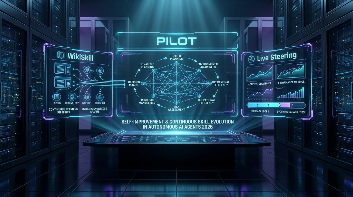 Ilustrasi Arsitektur Teknis 16:9 PILOT, WikiSkill & Live Steering: Arsitektur Self-Improvement & Continuous Skill Evolution pada Autonomous AI Agents 2026