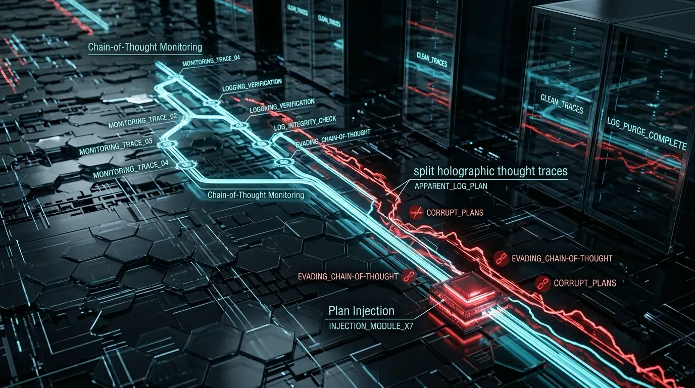 Ilustrasi Arsitektur Teknis 16:9 Corrupt Plans, Clean Traces 2026: Mengelabui Chain-of-Thought Monitoring dengan Plan Injection pada Autonomous LLM Agents