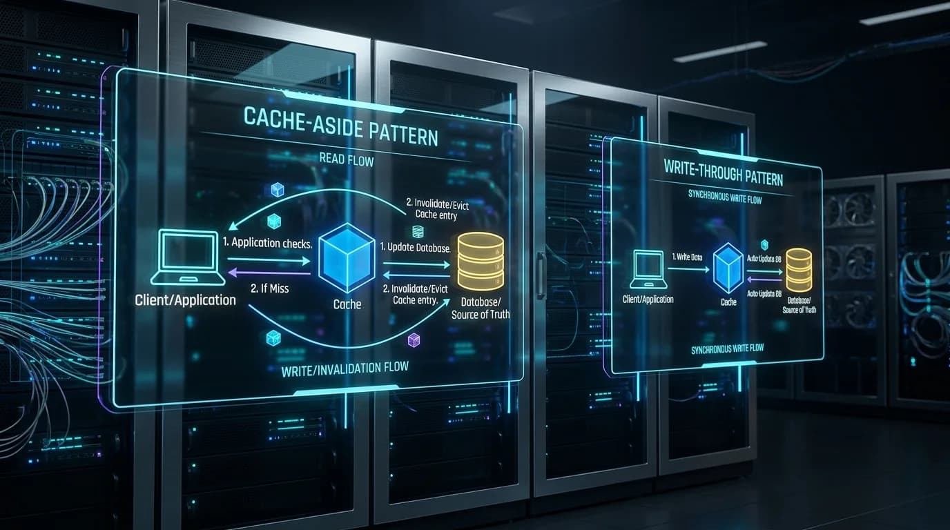Ilustrasi Arsitektur Teknis 16:9 Pola Desain Cache Invalidation Terdistribusi: Cache-Aside vs Write-Through pada Cloud Native Edge 2026