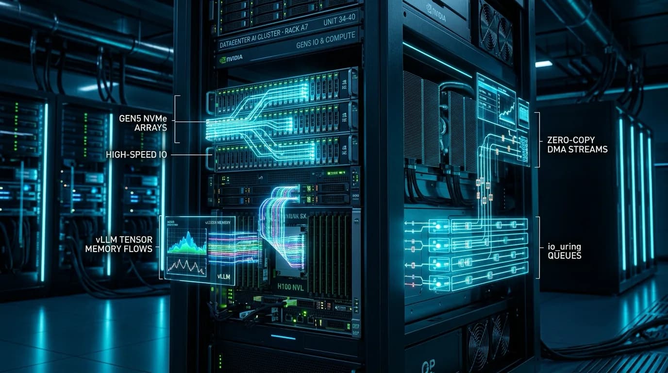 Ilustrasi Arsitektur Teknis 16:9 py-kvcache 2026: Karakterisasi Kinerja External KV Caching vLLM pada NVMe SSD, Asynchronous Direct I/O io_uring, dan Scheduler-Aware Preloading