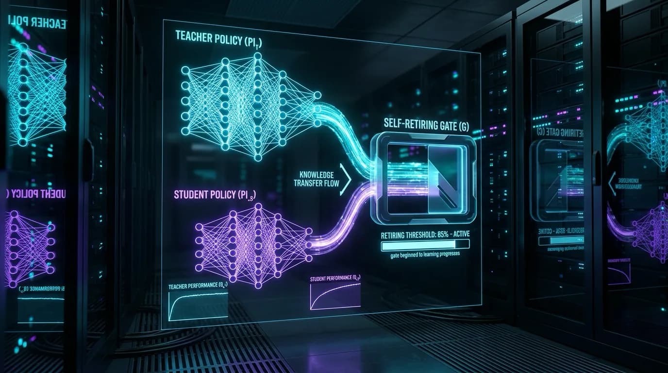 Ilustrasi Arsitektur Teknis 16:9 RetireOPD 2026: Arsitektur Self-Retiring On-Policy Distillation & Decoupled Skill Teachers untuk Mengatasi Ceiling Reinforcement Learning pada Autonomous LLM Agents