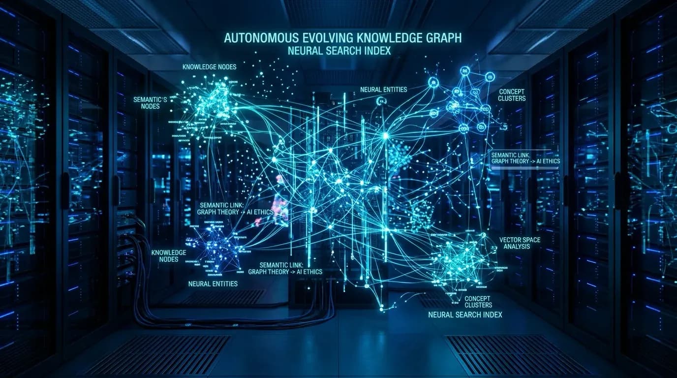 Ilustrasi Arsitektur Teknis 16:9 Self-Index 2026: Arsitektur Self-Evolving Search Index, Triplet Validation Loop (Faithfulness, Specificity, Separation), dan Proactive Query Simulator pada Agentic Information Retrieval