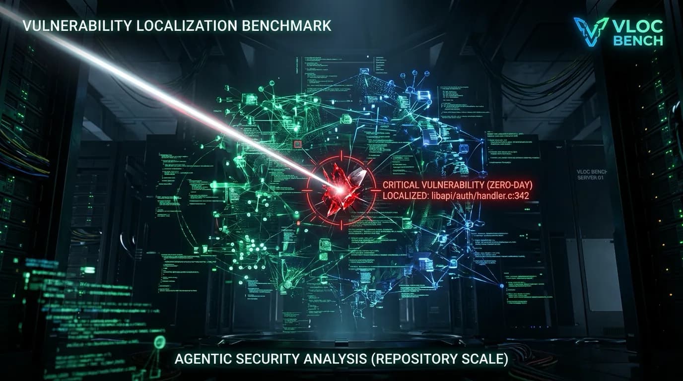 Ilustrasi Arsitektur Teknis 16:9 VLocBench 2026: Tolok Ukur Vulnerability Localization pada Repository-Scale Software untuk Autonomous Security AI Agents