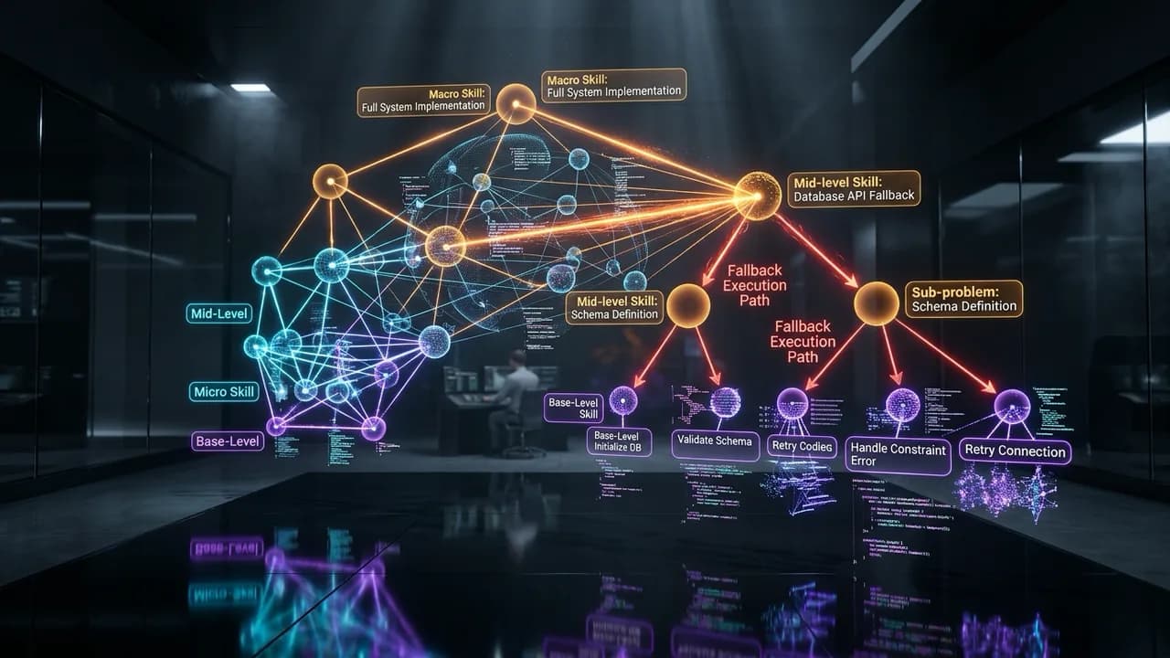 Ilustrasi Arsitektur Teknis 16:9 Adaptive Skill Granularity (arXiv:2610.31461): Mengatasi Dilema Kekakuan Macro Skill vs Biaya Micro Tools pada Coding Agents Melalui Runtime Routing, Finite-State Recovery, dan Dynamic Downgrade Execution