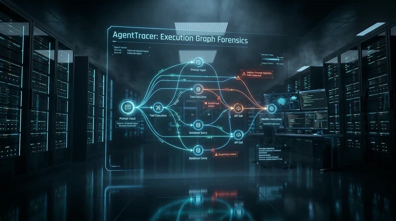 Ilustrasi Arsitektur Teknis 16:9 AgentTracer (arXiv:2610.09935): Arsitektur Intent-Driven Execution Graph untuk Forensik Indirect Prompt Injection pada Autonomous AI Agents