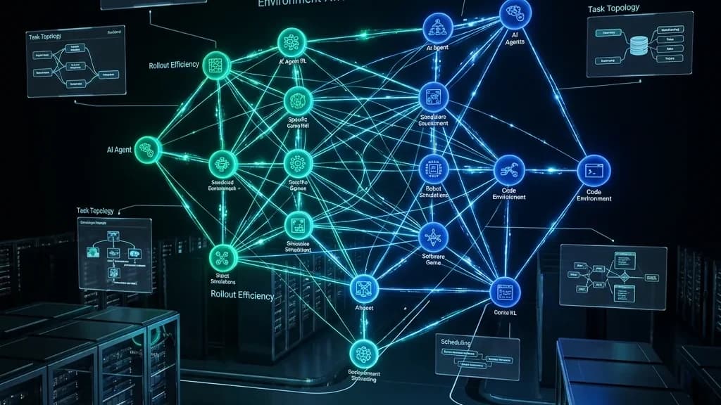 Ilustrasi Arsitektur Teknis 16:9 EnvSched (arXiv:2610.37609): Environment-Aware Scheduling untuk Rollout-Efficient Agent Reinforcement Learning — Dual-Relation Graph, Prediksi Reward Variance, dan Rekor 48.81 Skor Qwen3-8B pada 40 Langkah GRPO